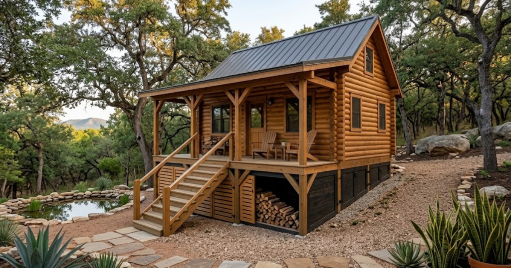 An elevated wooden porch built on stone piers with enclosed storage underneath, ideal for small cabin lots and tiny homes with porch storage.