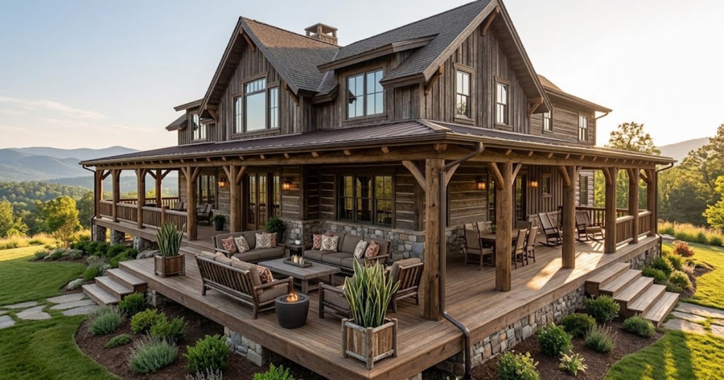 L-shaped wooden porch extending around a rustic house with separate outdoor dining and sofa seating for versatile tiny homes with porch layouts.