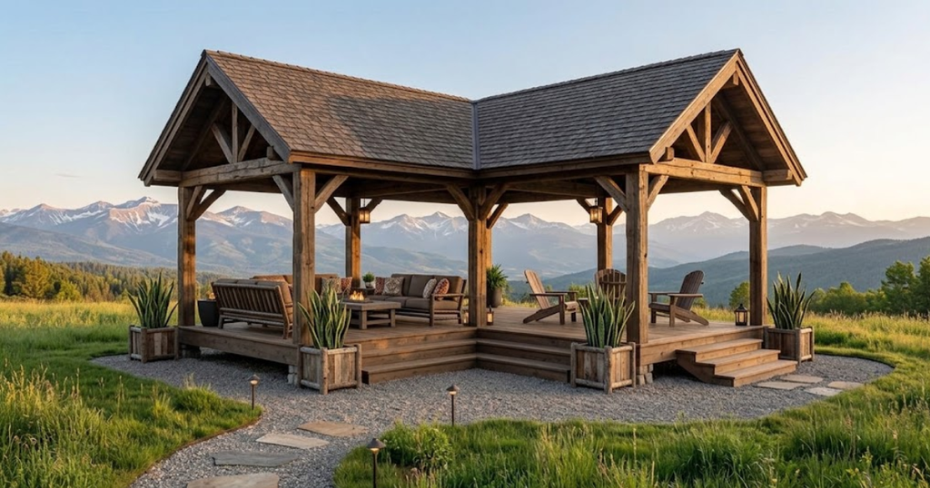 Standalone timber gazebo deck structure in a grassy field, offering flexible detached outdoor space for tiny homes with porch settings.