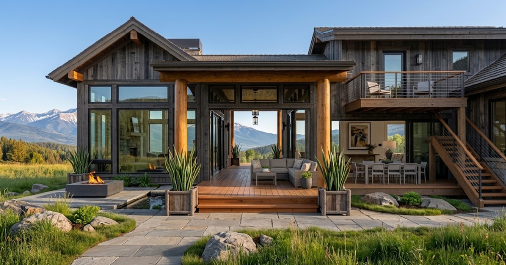 Two-story mountain home with a multi-level deck and upper balcony, showcasing multi-tiered outdoor living for tiny homes with porch concepts.