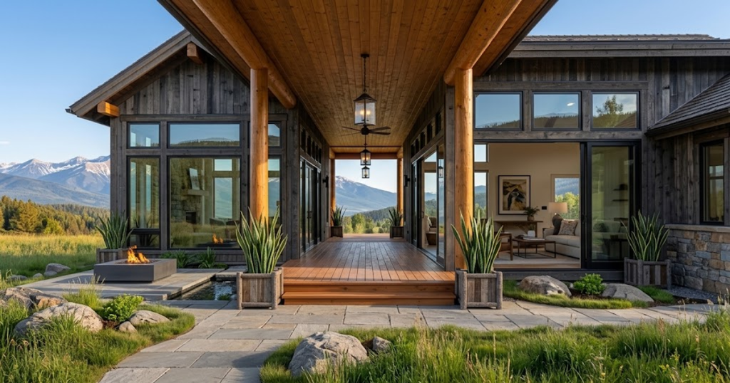 Covered outdoor breezeway deck connecting two cabin wings, creating seamlessly integrated indoor-outdoor tiny homes with porch entryways.