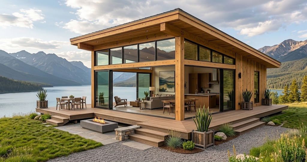 Single-story open plan tiny home with wraparound deck porch, outdoor fire pit, and sliding glass walls for flexible indoor outdoor living.