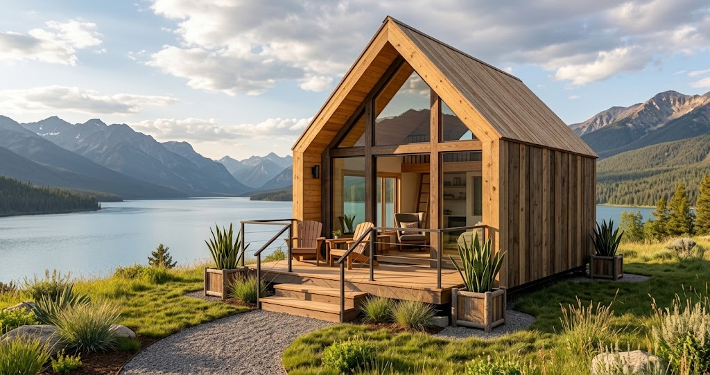 Modern wooden A-frame tiny home with porch, large glass front gable, and elevated deck situated in a alpine lakeside setting.