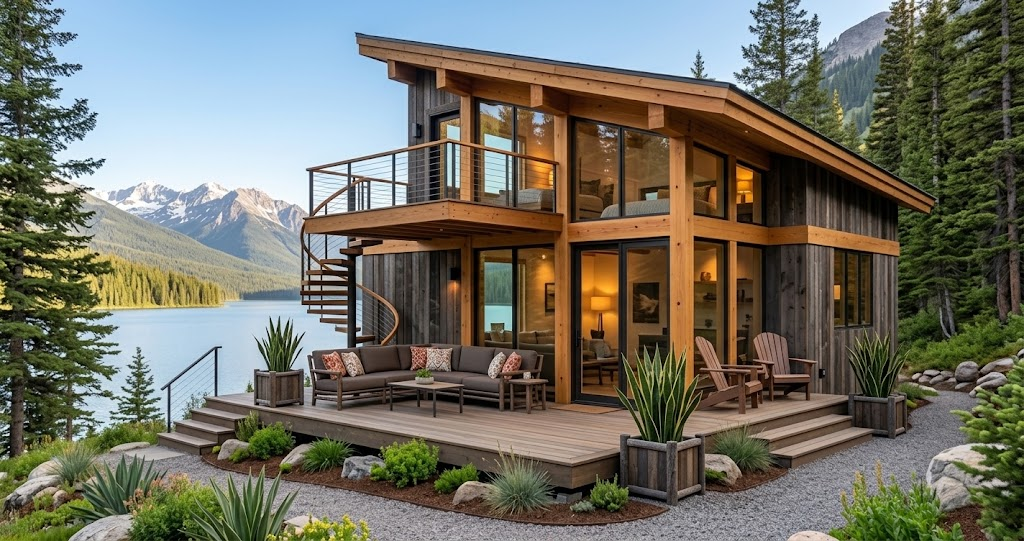 Two-story lofted tiny house with porch, exterior spiral staircase, and expansive windows designed for extra sleeping space.