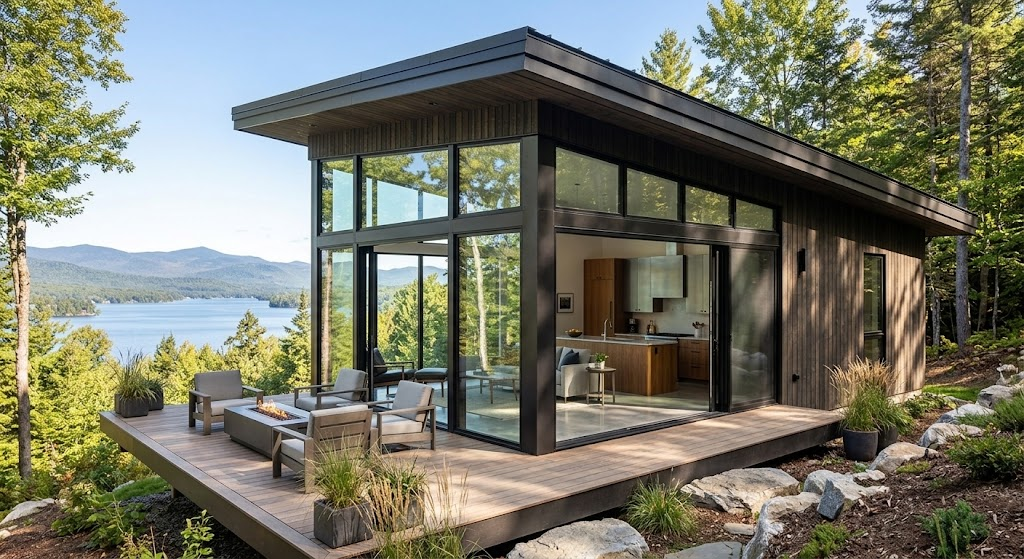 Sleek modern tiny home with covered front porch, floor-to-ceiling glass walls, and contemporary wood architecture overlooking a mountain lake.
