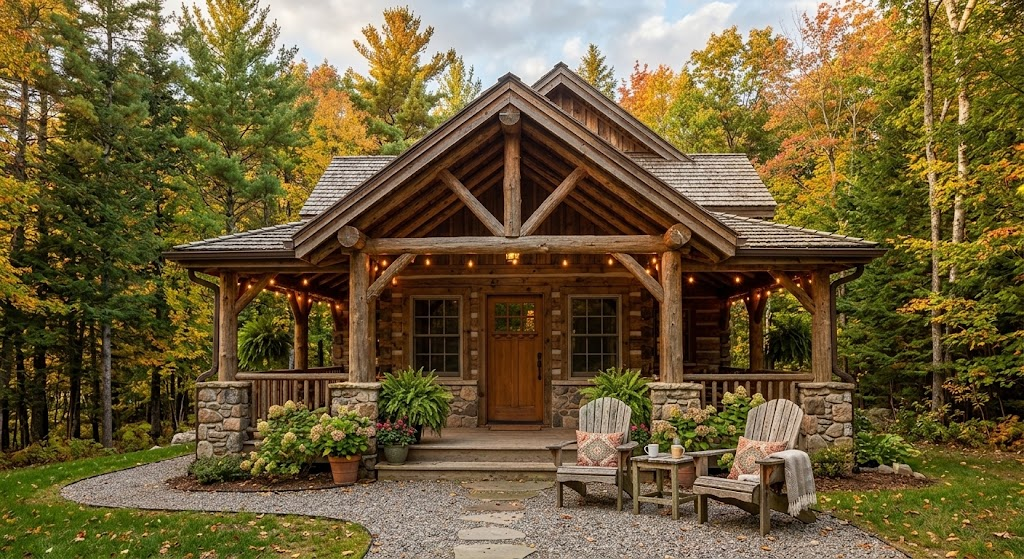 Rustic log tiny home with porch featuring natural timber beams and cozy outdoor seating in a lake mountain landscape.