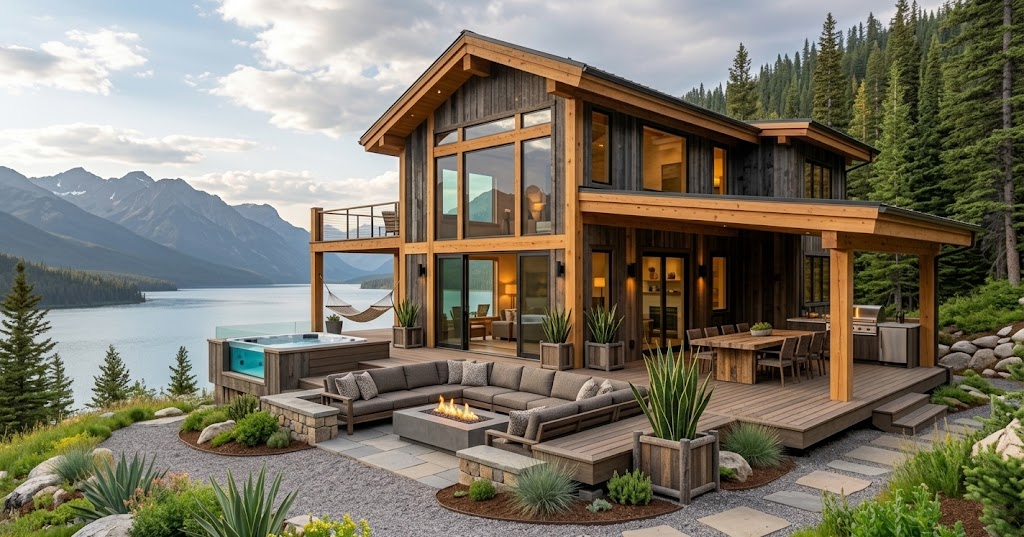 Luxury tiny cabin featuring an expansive outdoor living area, covered porch dining space, sunken fire pit, and private hot tub.