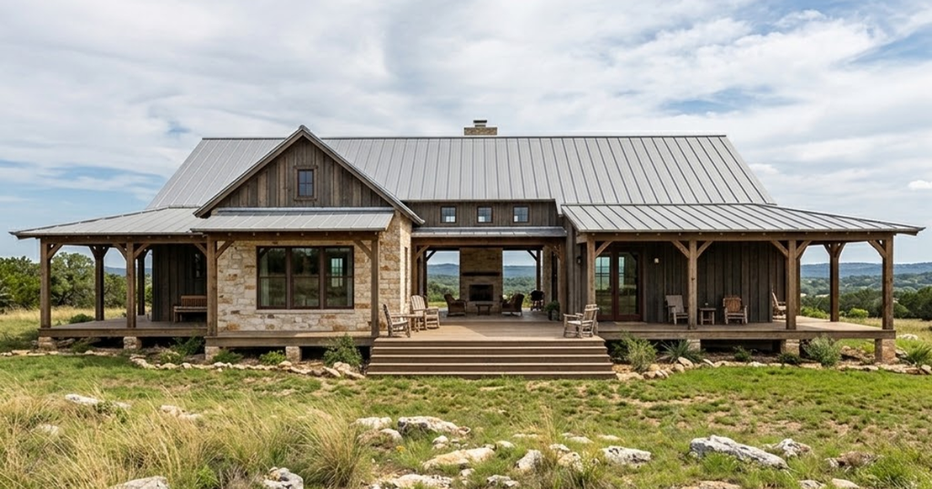 Texas Hill Country tiny house with porch built from native limestone, dark vertical wood siding, and a durable metal roof.