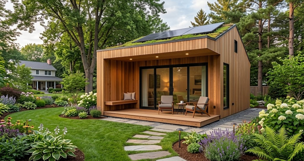 Sustainable backyard tiny home guest house with covered wood porch, green roof, solar panels, and manicured garden landscape.