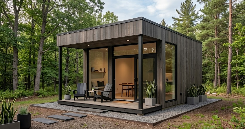 Minimalist dark wood tiny cabin weekend retreat with a simple covered entrance porch and modern square architecture in a dense forest.