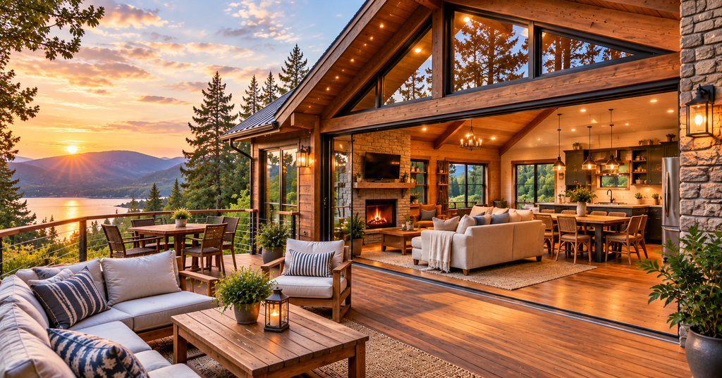 Contemporary tiny house with indoor outdoor living design featuring glass sliding doors opening onto a covered wooden porch in a secluded forest.