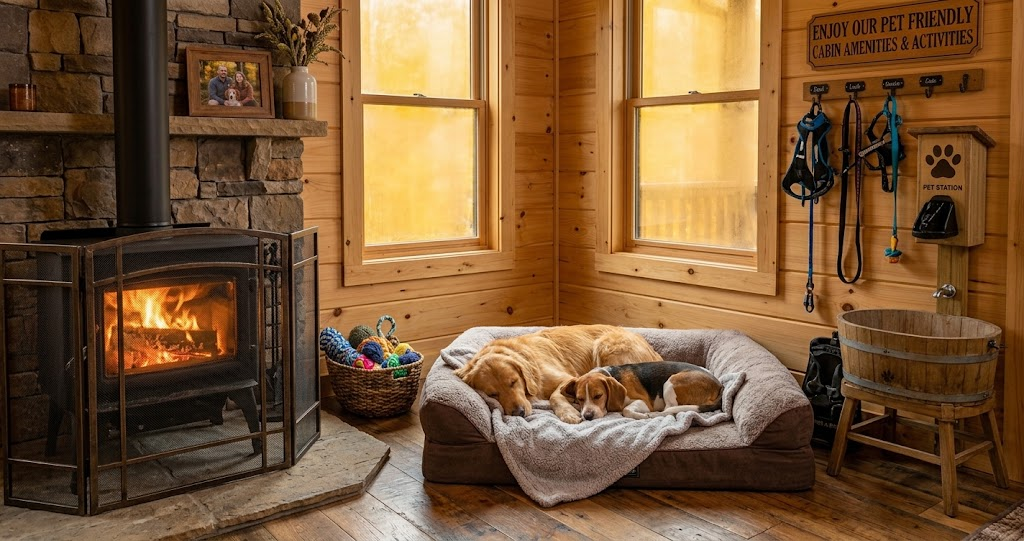 A Golden Retriever and Beagle sleep by a fireplace inside one of the cozy pet friendly cabins in Smoky Mountains near dog amenities.