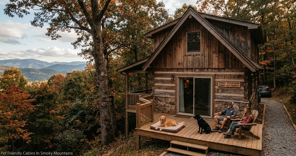 A couple and two dogs relax on a rustic log cabin deck overlooking scenic, rolling Smoky Mountain views in golden light.
