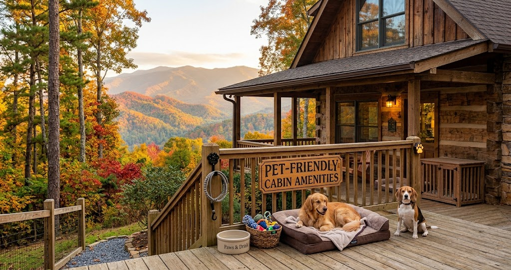 A Golden Retriever and Beagle rest on a cabin deck equipped with dog beds, toys, and a water bowl.