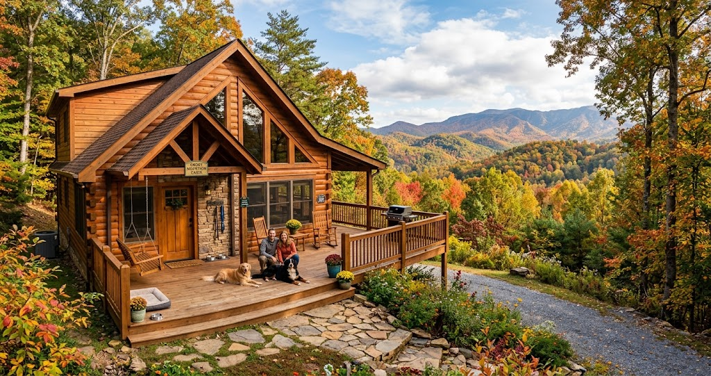A cozy, rustic wood cabin nestled in the autumnal Smoky Mountains with a Golden Retriever lounging on a spacious porch deck overlooking a vast, forested valley under a partly cloudy sky.
