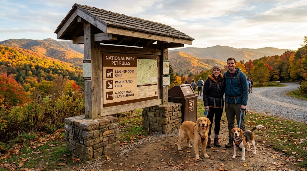 A couple holds a Golden Retriever and Beagle on leashes while reviewing park regulations posted on a sign near pet friendly cabins in Smoky Mountains.