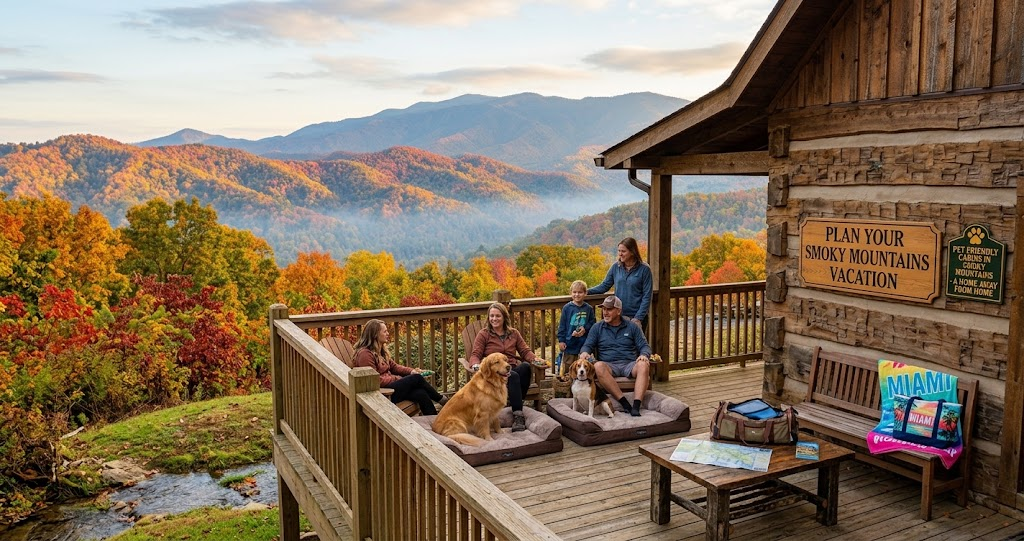 A family and two dogs relax on a cabin deck during autumn sunset, planning their trip against a mountain view.