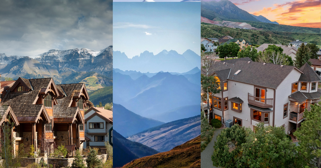 A triptych featuring luxurious Colorado Mountain Houses. Left: rustic lodge with timber framing and snowy peaks. Center: layered blue mountain ranges. Right: expansive suburban-style home nestled in foothills at sunset.