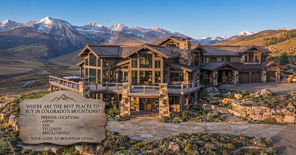 An elevated view of a sprawling Colorado Mountain House estate with stone and timber, overlooking a vast valley and snow-capped Rockies at sunset. A foreground sign reads: "WHERE ARE THE BEST PLACES TO BUY... ASPEN, VAIL, TELLURIDE, BRECKENRIDGE." The multi-level property includes a hot tub deck and extensive terracing.