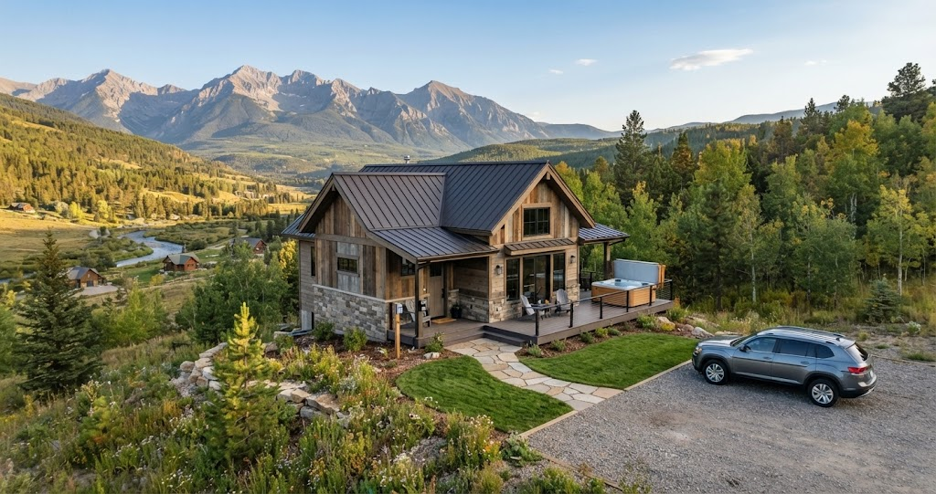 Luxurious mountain rental property functioning as Tiny Cabin Homes, featuring a private deck, hot tub, and SUV parking against a stunning backdrop of towering alpine peaks and valleys.