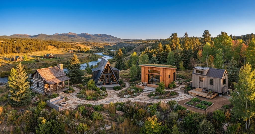 Aerial view of four diverse Tiny Cabin Homes in a mountain valley: a rustic log cabin, A-frame, modern box, and tiny house on wheels, connected by stone paths. Ideal for unique living.