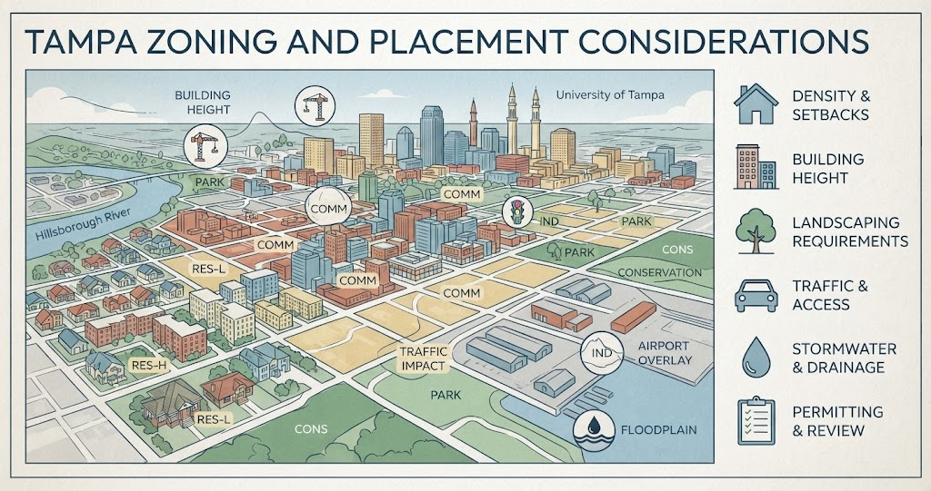 Detailed Tampa zoning map displaying residential zones, floodplain overlays, and setback rules vital for researching local building codes and land placement when planning Tiny Cabin Homes.