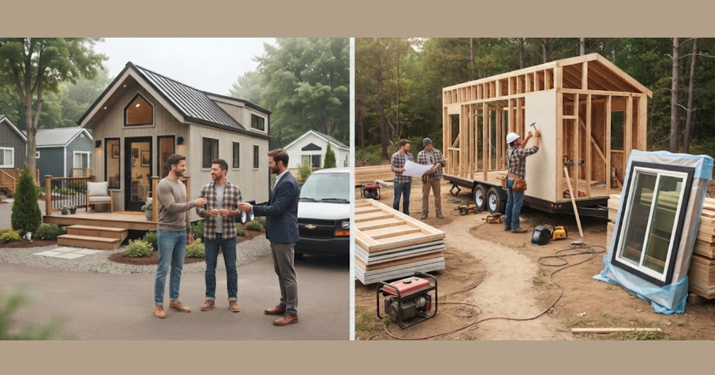 Compare the experience of buying a finished Tiny Cabin Homes (left: couple getting keys) vs. the hands-on process of building one from a frame (right: construction crew).