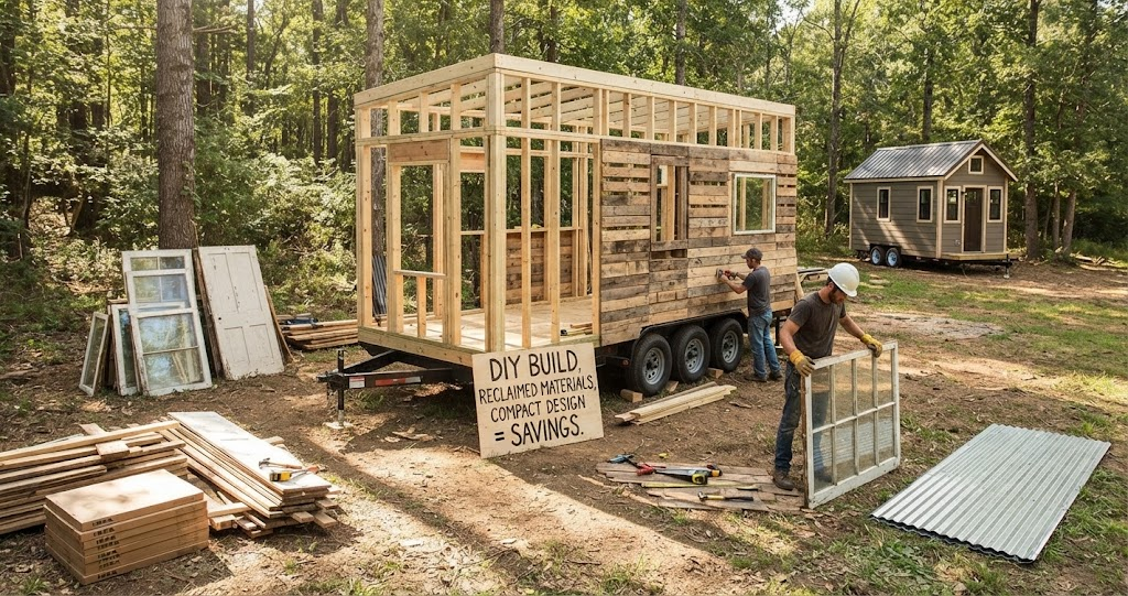 Builders assemble a custom Tiny Cabin Home outdoors, using reclaimed wood and salvaged materials to illustrate significant DIY construction savings. A finished tiny house sits in the background.
