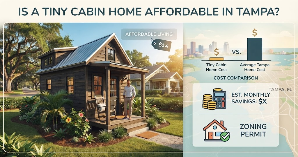 Infographic shows Tiny Cabin Homes are affordable in Tampa, FL. The image features a finished tiny house, a man on the porch, and a cost comparison chart against average homes with monthly savings.
