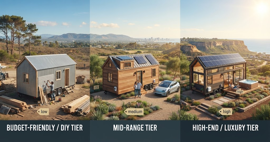 Compare cost tiers of a Tiny Home On Wheels San Diego County: from DIY builds to mid-range solar homes with EVs, up to luxury cliffside models with hot tubs. Find your perfect view!