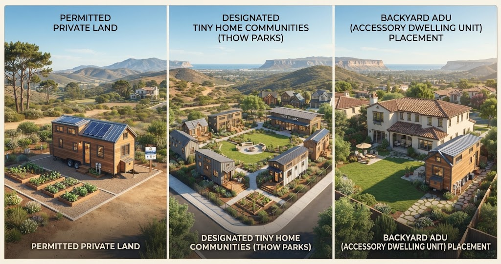 Legal placement options for a Tiny Home On Wheels San Diego County: view permitted private land, designated THOW communities, and backyard ADU setups in this three-panel coastal-mountain guide.