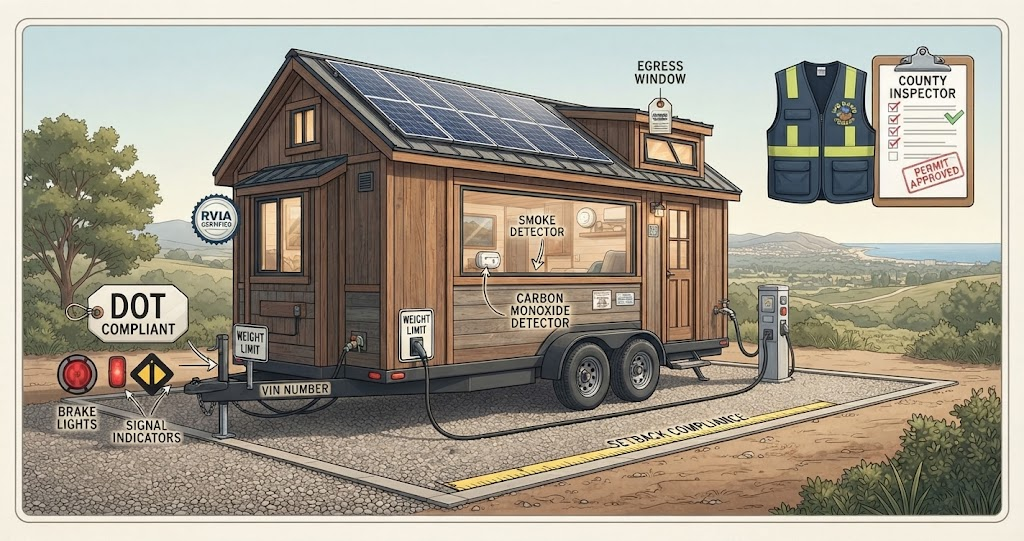 Illustrated schematic of a compliant Tiny Home On Wheels San Diego County detailing all legal and safety requirements, including DOT brake lights, weight limits, VIN, RVIA certification, egress window, and setback compliance.