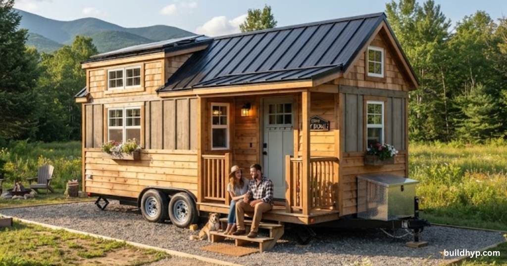 Stunning mountain-view Tiny Home On Wheels San Diego County on a gravel pad with a garden, fire pit, and two people on the porch steps with a dog. Perfect off-grid living!