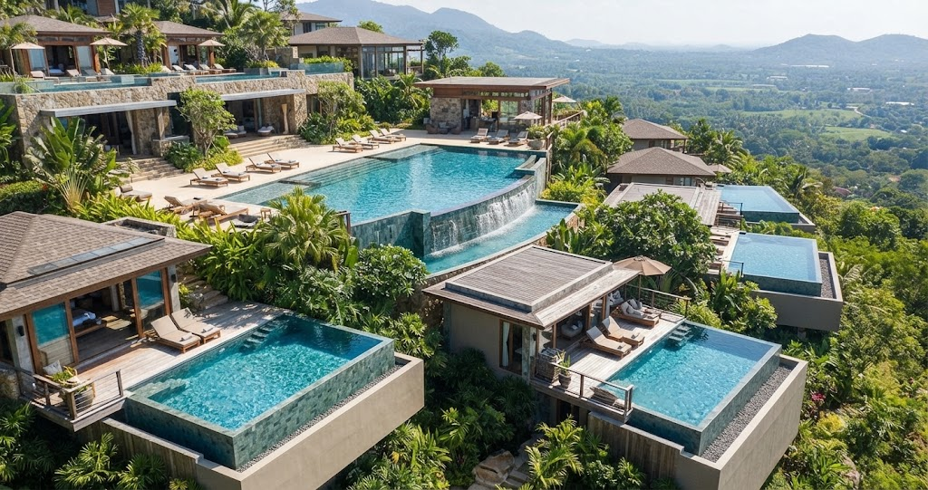 Discover the ultimate luxury vacation! Choose between a private or shared pool at this stunning hillside resort. Book your dream getaway now and enjoy breathtaking ocean views.